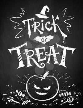 Chalk drawn Trick or Treat Halloween poster with pumpkin and candies on blackboard background.