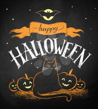 Vector white and orange chalk drawing of Happy Halloween postcard with black cat and pumpkins on chalkboard background.