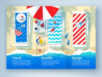 Leaflet design with summer illustration of sun beds, parasol and seaside accessories on beach sand background with sea surf.