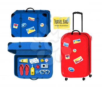Vector set of travel bag and suitcases with stickers closed and  opened with seaside accessories.