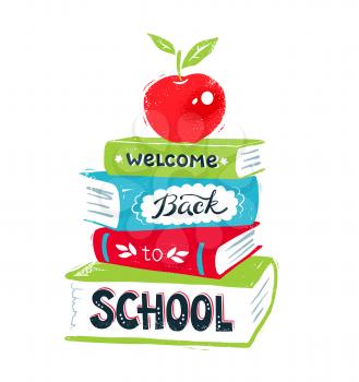Vector illustration of apple on books with Welcome Back to School lettering on white background.