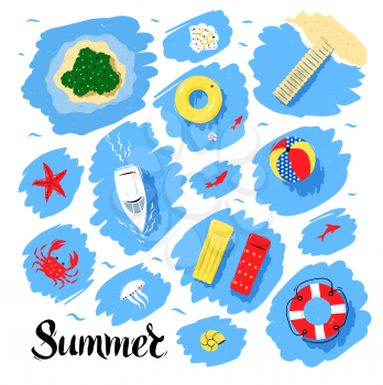 Summer seaside vacation top view vector set with water scribble backgrounds.