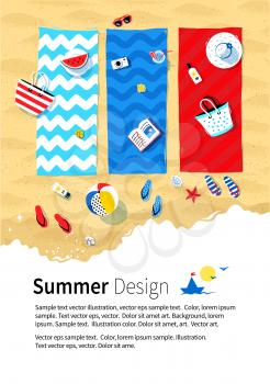 Summer vacation design with beach mats, seaside accessories on sand background and sea surf.