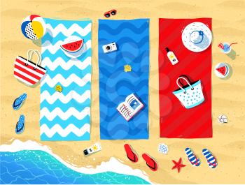 Summer vector illustration of beach mats and seaside accessories on sand background and sea surf.