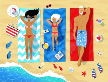 Vector illustration of family lying on beach and sunbathing with summer accessories and sea surf near them.