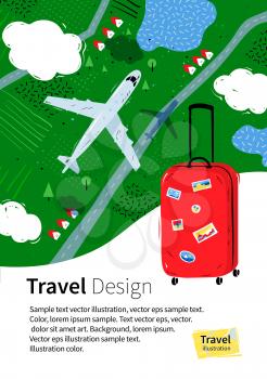 Flyer design with red travel bag, plane, clouds and rural landscape above.