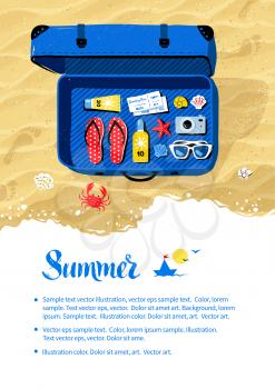 Summer vacation flyer design with top view travel suitcase with accessories on beach sand and sea surf background.