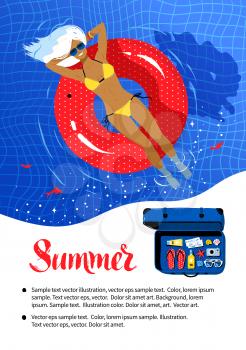 Summer vacation flyer design with young woman resting on red rubber ring in swimming pool.