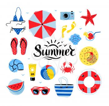 Vector seaside top view illustrations set with Summer word lettering on white background.