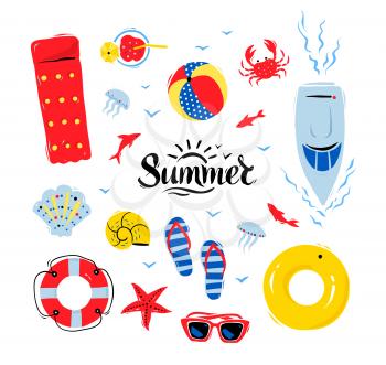 Vector summertime top view illustrations set with Summer word lettering on white background.