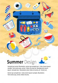Summer seaside vacation design with blue open travel suitcase and accessories on beach sand background.