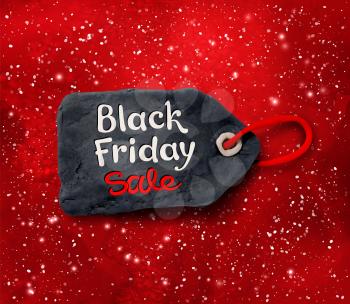 Vector illustration with Black Friday lettering and hand made plasticine tag banner on red festive grunge background with sparkles.