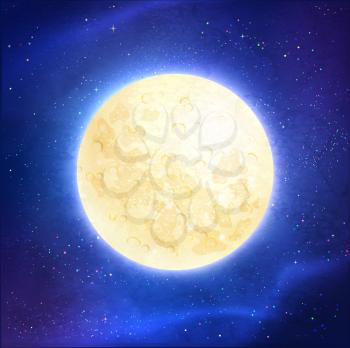 Vector illustration of full moon on dark blue outer space and stars background.