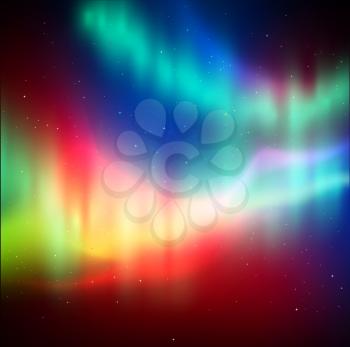 Vector illustration of northern lights background in green, cyan and magenta colors.