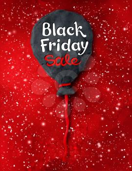 Vector illustration with Black Friday lettering and hand made plasticine balloon on red festive grunge background with sparkles.