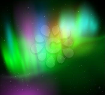 Vector illustration of northern lights background in green colors.