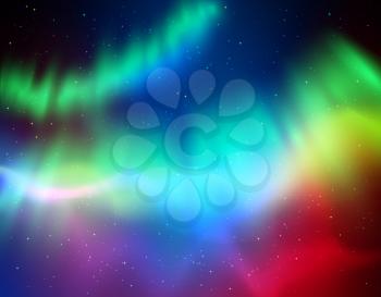 Vector illustration of northern lights background in green and violet colors.