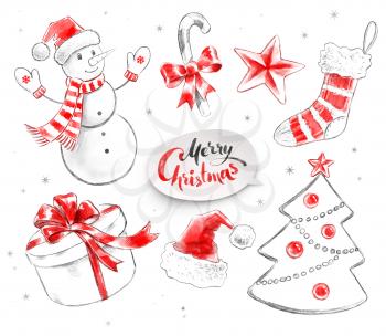 Hand drawn pencil and watercolor illustrations collection of Christmas objects.
