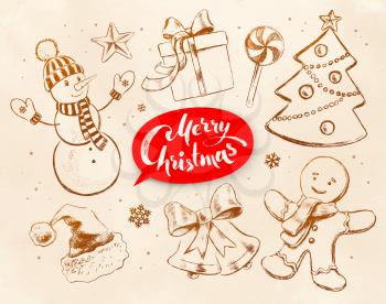 Christmas vintage line art vector set with festive objects and red lettering banner on obsolete paper background.