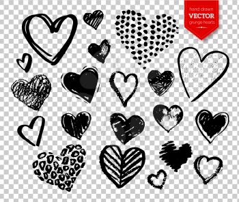 Vector collections of hand drawn grunge Valentine hearts isolated on transparent background.