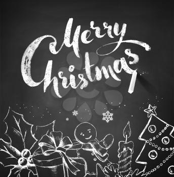Chalk drawn vector Christmas illustration with traditional festive object and lettering.