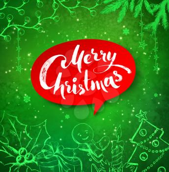 Christmas vector illustration of traditional festive objects and red banner with lettering on green background.
