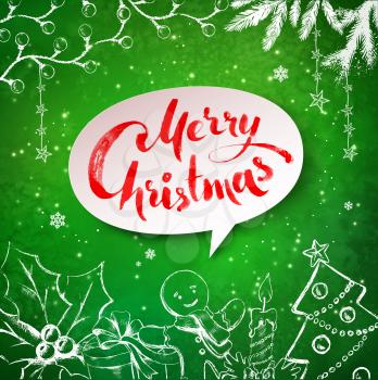 Christmas vector illustration of traditional festive objects and white banner with lettering on green grunge background.