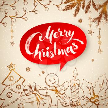 Vintage Christmas vector illustration of traditional festive objects and red banner with lettering.