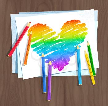 Vector sketch of rainbow colored heart with color pencils and paper  on wooden background.