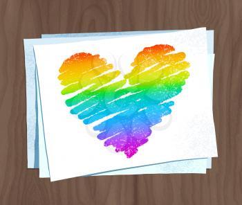 Vector sketch of rainbow colored heart on paper sheets on wooden background.