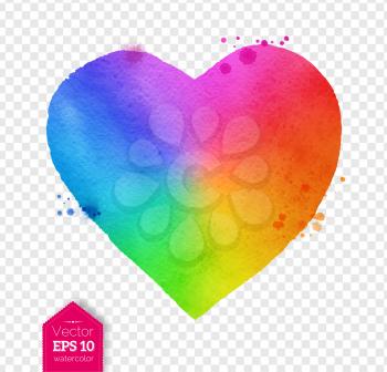 Vector watercolor sketch of rainbow colored heart with paint splashes on transparency background.