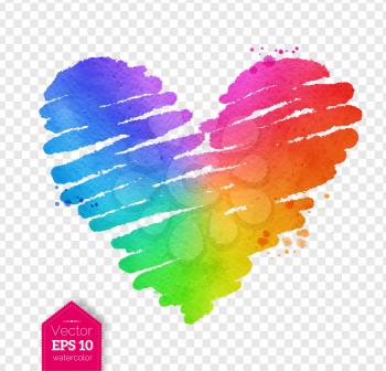 Vector watercolor sketch of rainbow colored scribble heart with paint splashes on transparency background.