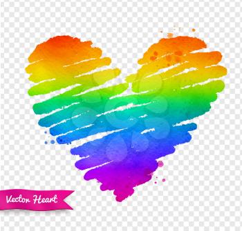 Vector watercolor sketch of rainbow colored heart with paint splashes on transparency background.