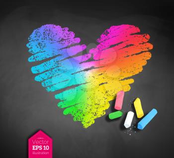 Vector sketch of rainbow colored heart and pieces of chalk with shadow on blackboard background.
