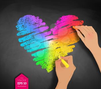 Vector sketch of hands drawing rainbow colored heart with chalk on blackboard background.