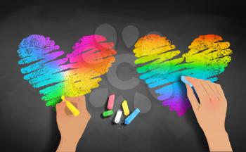 Vector sketches of hands drawing rainbow colored hearts with chalk on blackboard background.