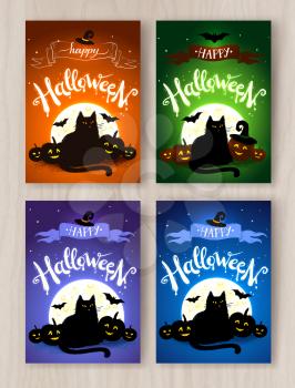 Happy Halloween postcards designs collection with black cat and pumpkins on wood background.
