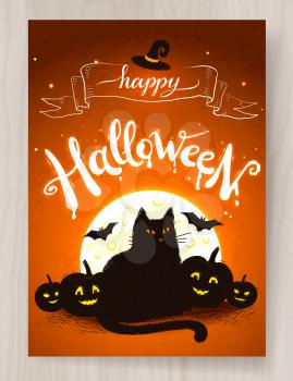 Halloween postcard design with glowing lettering, black cat and pumpkins on wood background.
