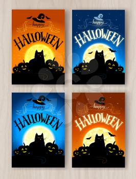 Happy Halloween postcards blue and orange designs set with black cat and pumpkins on wood background.
