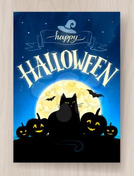 Happy Halloween postcard design with full moon, black cat and pumpkins on wood background.
