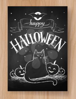 Halloween postcard black and white chalked design with lettering, black cat and pumpkins on wood background.