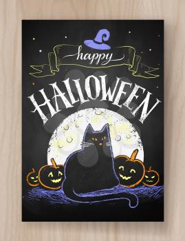 Halloween postcard color chalked design with black cat, moon and pumpkins on wood background.
