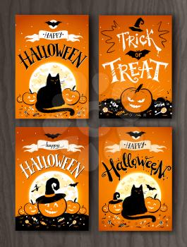 Happy Halloween and Trick or Treat postcards designs set on wood background.