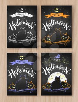 Vector collection of Halloween color chalked postcards designs with black cat and pumpkins on wood background.