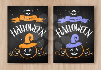 Happy Halloween postcards color chalked designs set with lettering and pumpkin with witch hat on wood background.