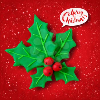 Vector hand made plasticine figure of Christmas Holly with greeting banner with shadow isolated on red festive grunge bacground with snowfall and light sparkles.