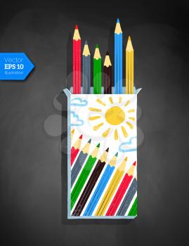 Top view vector illustration of color pencil box with shadow on chalkboard background