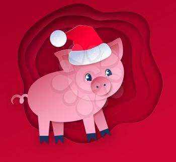 Vector cut paper art style illustration of New Year Pig on red colored layered shapes banner background.