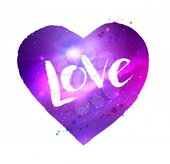 Vector illustration of heart with love word lettering on ultraviolet outer space background.
