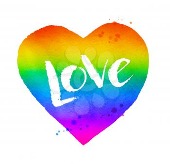 Vector watercolor sketch of rainbow colored heart with Love word lettering isolated on white background.